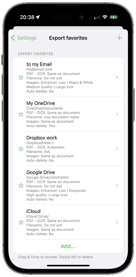 QuickScan export favorites