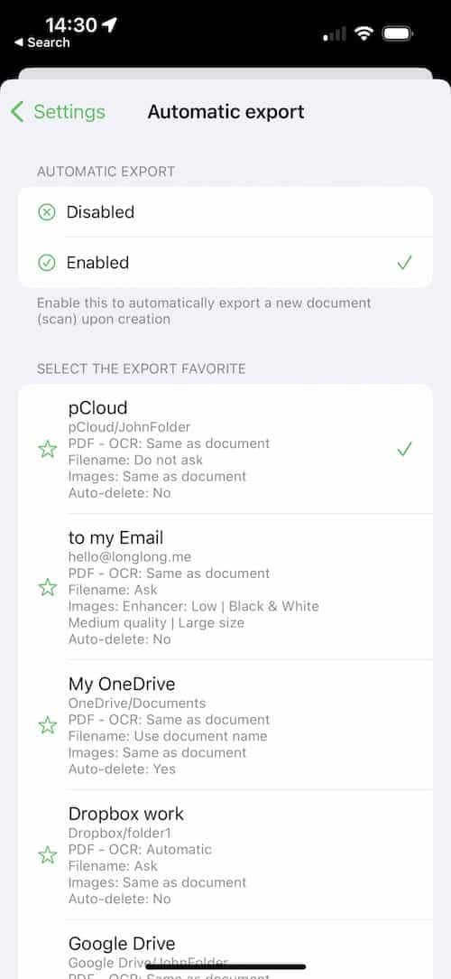 QuickScan auto export